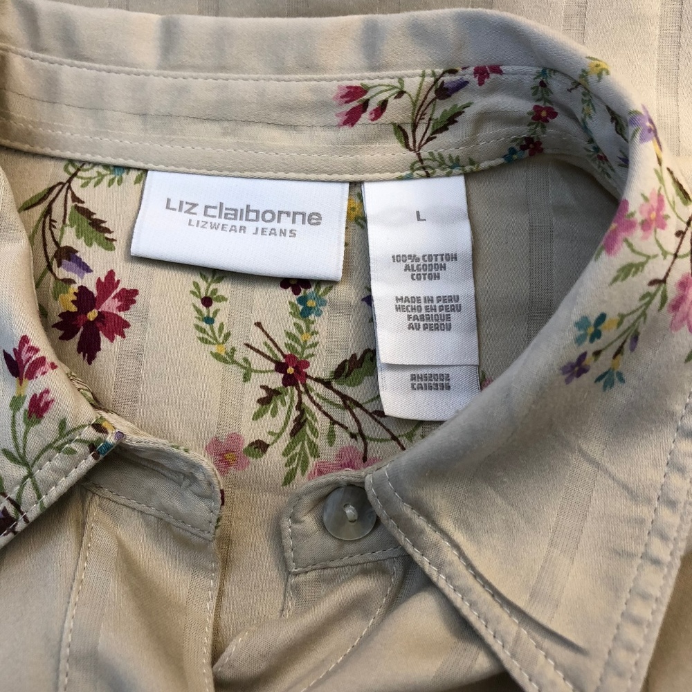 Button Down Tan Pink Floral Long Sleeve Career Top - Picture 4 of 8
